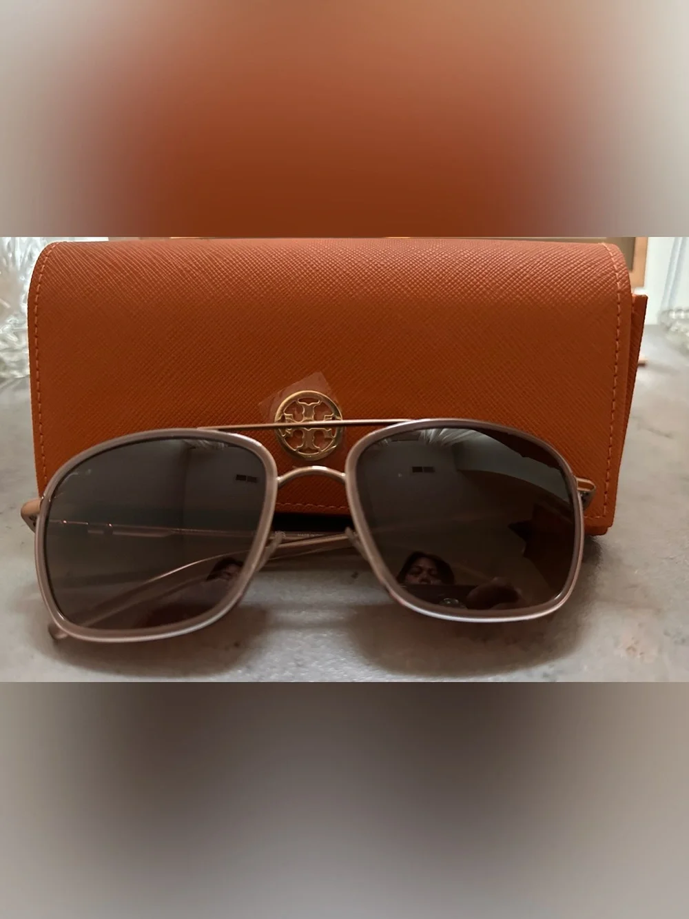 Tory Burch Rose Gold Square Sunglasses with Brown Gradient Lenses